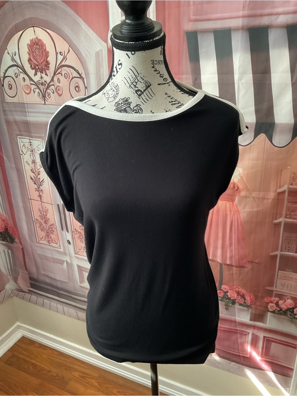 cleo Black Boatneck Short Sleeve Top with White Trim